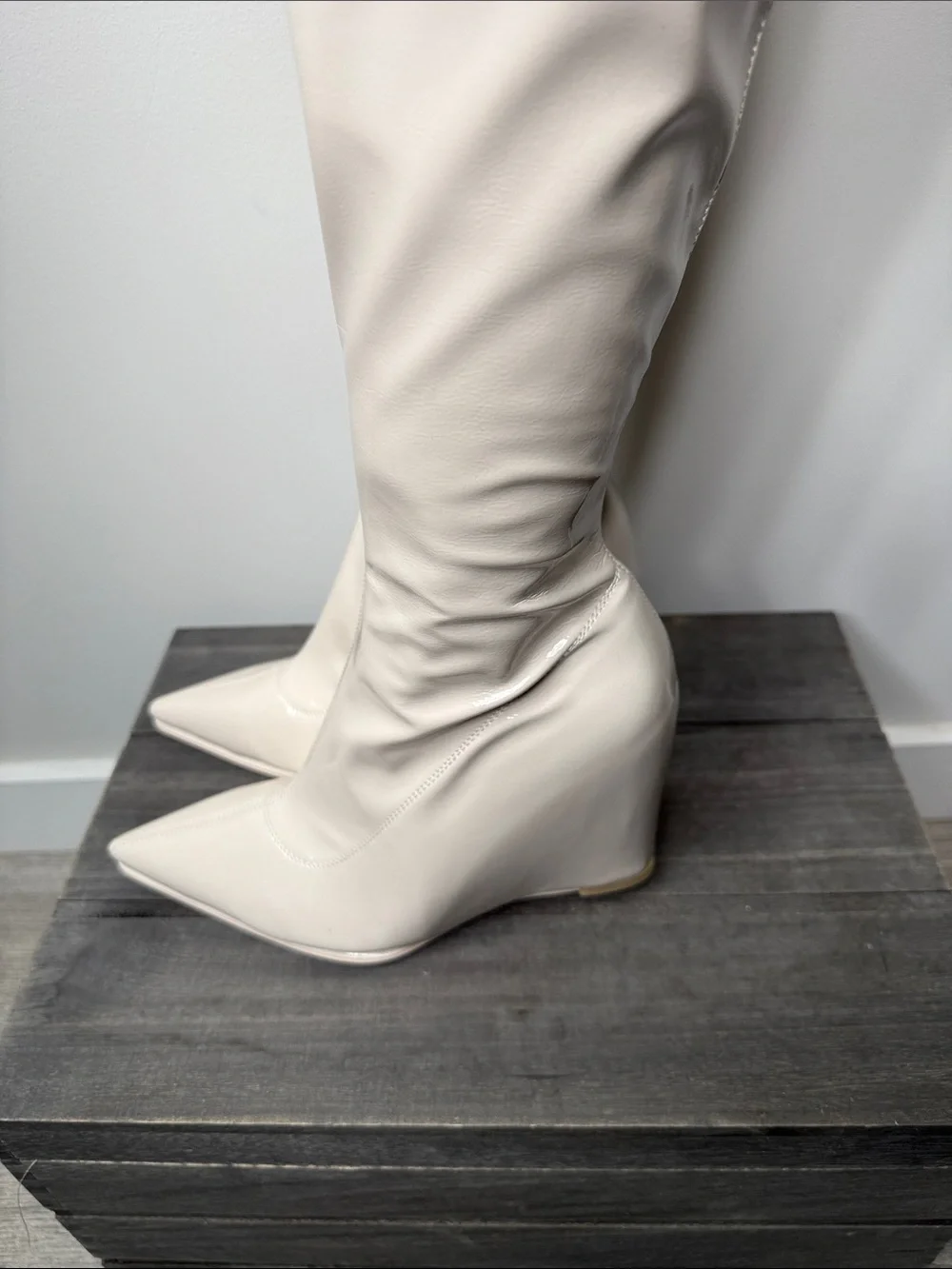 Ivory Patent Over-the-Knee Pointed Toe Boots NWOT